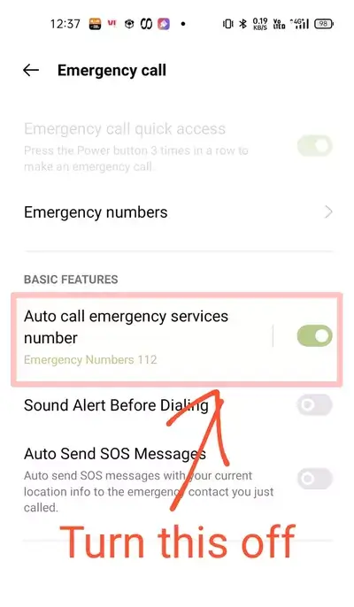 disable the auto call emergency services number option