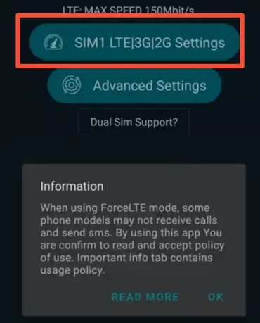 select the sim one option in force lte app
