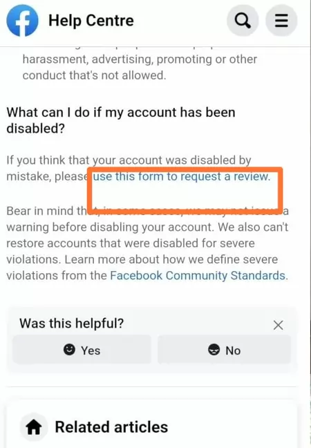 request a review option to recover fb account