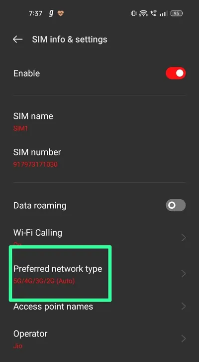 preferred network  option