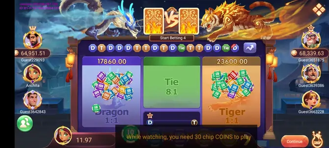 Dragon vs Tiger gaem dashboard