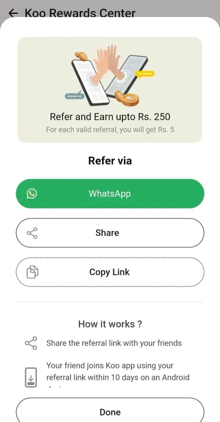 Koo app earn money by referring friend
