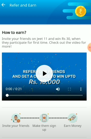 refer and earn option in jeet 11 app