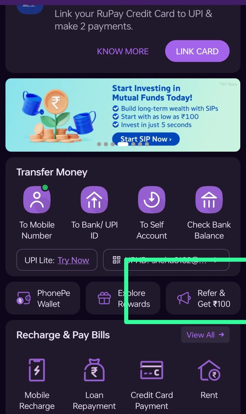 phonepe refer and earn opton